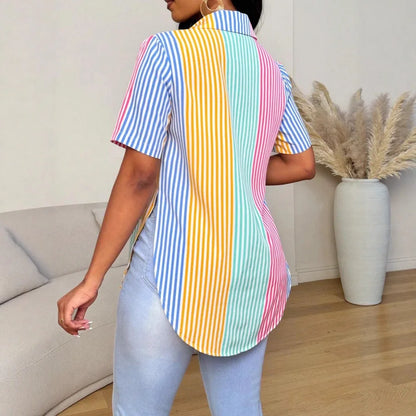 Camisa Feminina Estampada da Moda 2026 Novo Estilo Slim Fit Manga Curta Cardigã Patchwork Estilo Doce Elegante Qualidade Poliéster