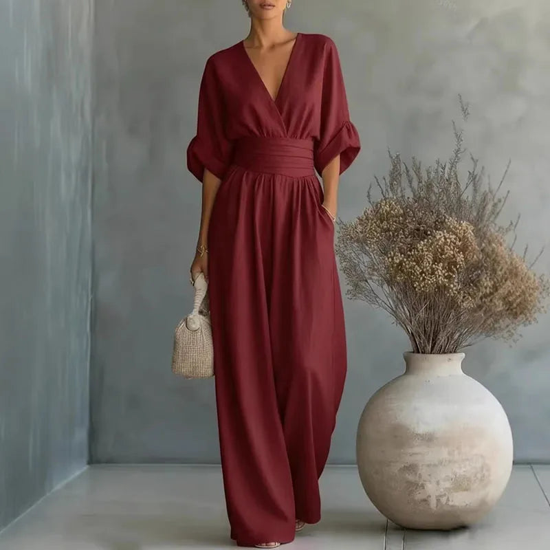 2026 Deep V Neck Women's Jumpsuits Elegant Solid High Waist Rompers Casual Wide Leg Pants Pocket Overalls Vacation Outfit Loose