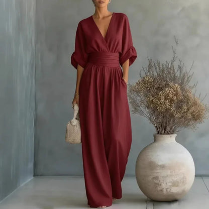 2026 Deep V Neck Women's Jumpsuits Elegant Solid High Waist Rompers Casual Wide Leg Pants Pocket Overalls Vacation Outfit Loose