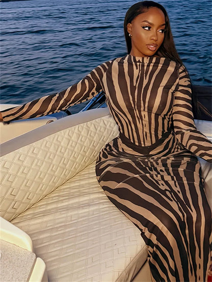 Vestido Maxi Sem Costas com Faixa Estampada Zebra e Manga Comprida, Ajuste Justo e Elástico, Moda Outono, Estilo Clássico Chique Noturno