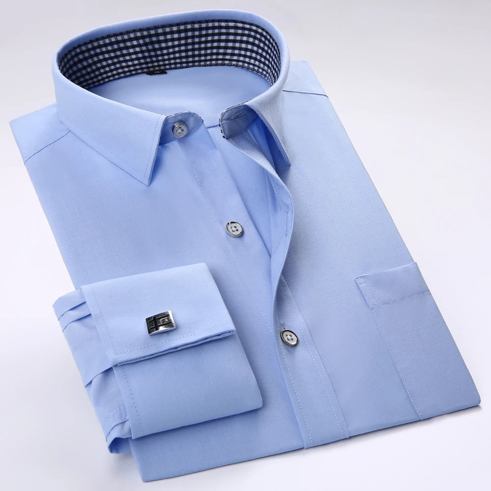 Camisa masculina com gola espalhada, punho francês, manga comprida, botões formais de negócios, camisas de casamento masculinas, ajuste regular, camisa com abotoaduras