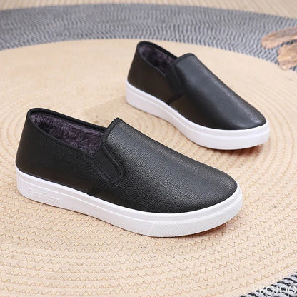 Inverno feminino quente e impermeável pu trabalho sapatos de algodão versátil um pé casual fundo plano anti deslizamento sapatos de placa vulcanizada