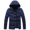Men's Winter Puffer Hooded Jacket Thick Polyester Filled Zipper Front Logo Casual Style Regular Length Solid Color Windproof