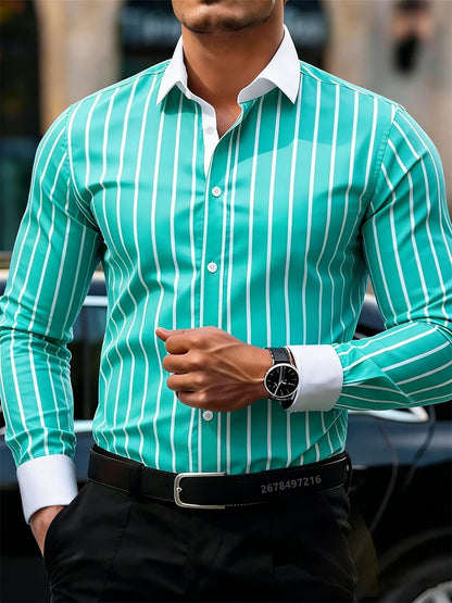 Camisa masculina de manga comprida listrada casual de negócios, design elegante com lapela e emenda de cores contrastantes, top casual masculino.