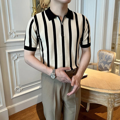 Men's Clothing Leisure Light Luxury Knitted Polo Shirt Korean Striped Zipper Short Sleeve Retro Breathable Fashion Knitwear Tees
