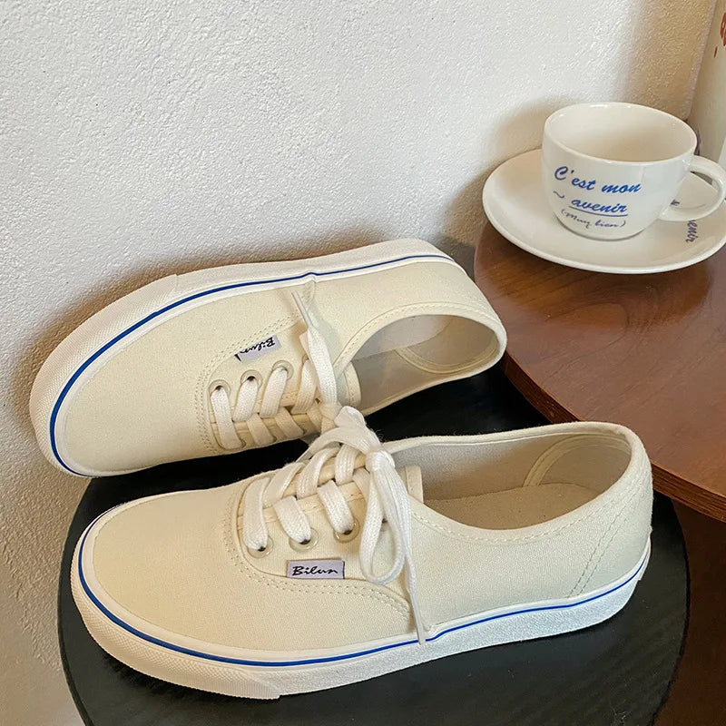 Casual apartamentos tênis de lona feminino ao ar livre cor sólida rasa sapatos esportivos tênis feminino streetwear rendas até sapatos vulcanizados