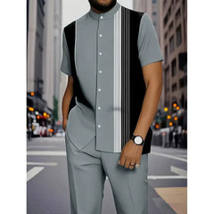 Conjunto de Camisa Listrada para Homens, Slim Fit, em Couro PU com Forro de Fleece, Colarinho Cubano, Manga Três Quartos, Estilo Cleanfit para o Verão