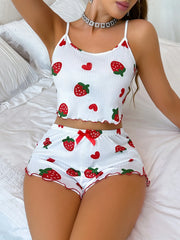 Conjunto de Pijama Feminino 2 Peças com Estampa de Morango de Verão, Roupa de Dormir Casual, Top Cropped com Alças e Shorts, Confortável para Usar em Casa