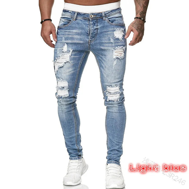 2025 New Solid Color Fashion Men Casual Pants Stretch Jeans Skinny Work Trousers Male Wash Slim Fit for Zippered Jeans Men Cloth
