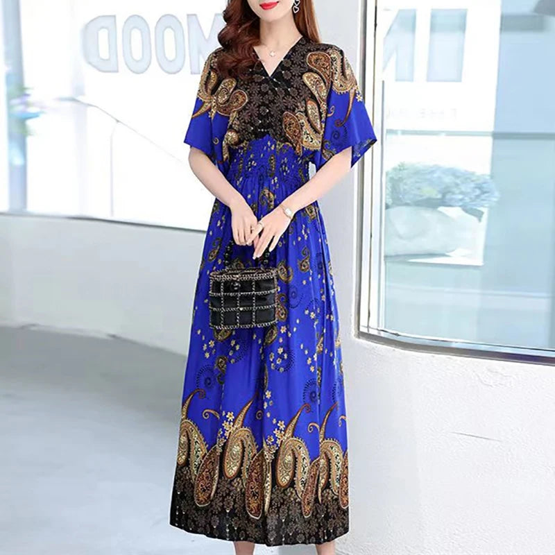 Flor colorida com decote em v elástico jovem boêmio doce midi vestido mulher roupas chique moda vestidos de verão 2025 grande balanço esqui