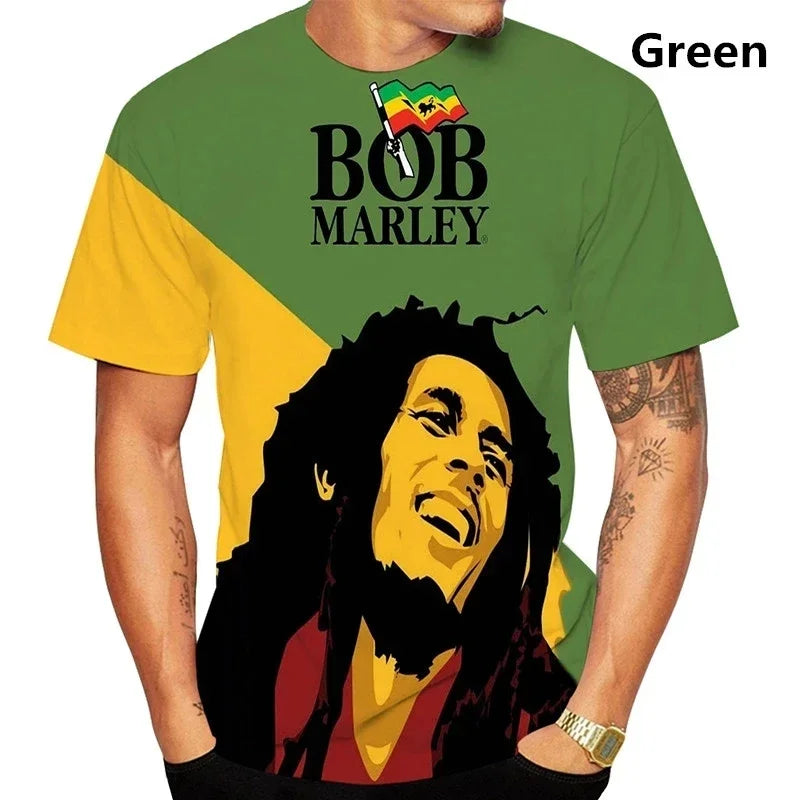 Camiseta de verão com estampa 3D do Bob Marley, estilo reggae e hip hop, para homens. Camiseta casual de manga curta.