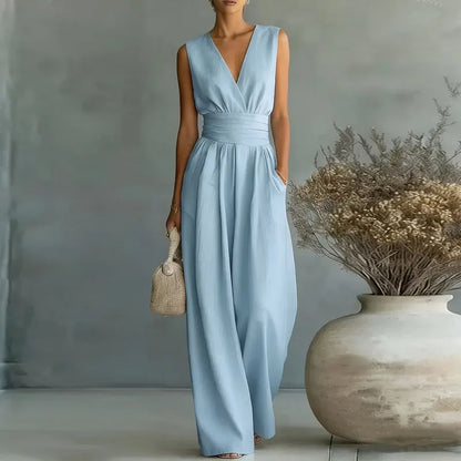 2026 Deep V Neck Women's Jumpsuits Elegant Solid High Waist Rompers Casual Wide Leg Pants Pocket Overalls Vacation Outfit Loose