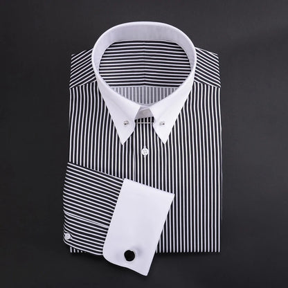 Camisa francesa justa-fit listrada masculina, gola império, manga longa, tendência de negócios