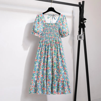 Verão plissado mulheres vestidos de chiffon casual praia férias manga curta gola quadrada mulher midi vestido boêmio mujer vestidos