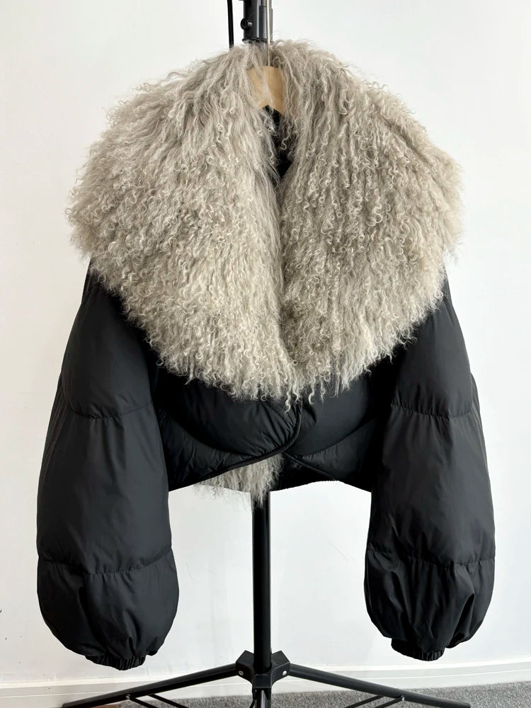 Janveny-Casaco de ovelha mongol de penas curtas para mulheres, 90% Duck Down Parkas, casaco de inverno feminino, 2024