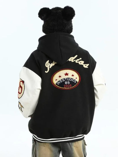 Jaquetas Varsity Bordadas Masculinas com Mangas em PU, Jaquetas Bomber Vintage Femininas, Moda Streetwear Americana Unissex