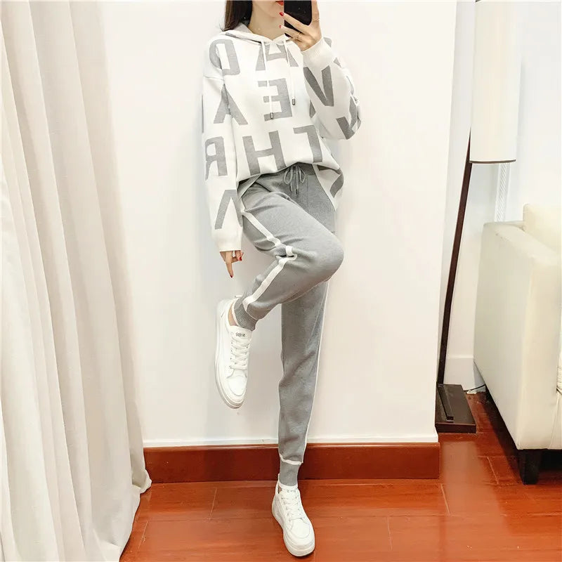 Feminino casual impresso terno de manga comprida gola alta cintura cinched moletom elástico calças senhoras conjunto de duas peças lx1228