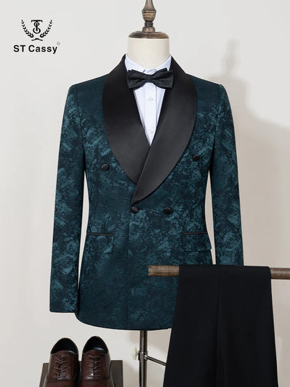 Conjunto de Terno Masculino de Luxo Preto de 2 Peças com Gola Xale e Abotoamento Duplo, para Festa, Negócios, Casual, Traje de Noivo, Padrão Jacquard
