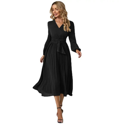 Vestido Midi Evasê Feminino Elegante com Cinto, Manga Longa, Decote V e Cintura Alta Plissada - Moda Transfronteiriça