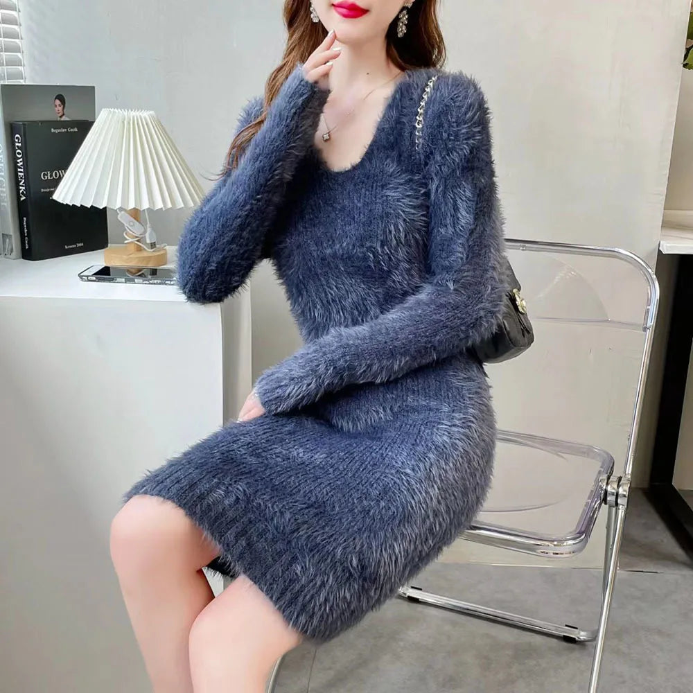 2023new vison veludo vestido de malha feminina outono inverno elástico fino camisola de fundo manga longa com decote em v senhora do escritório vestido elegante