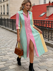 Vestido Camisa Feminino com Estampa de Listras Coloridas e Botões, Vestido Maxi com Mangas Bufantes