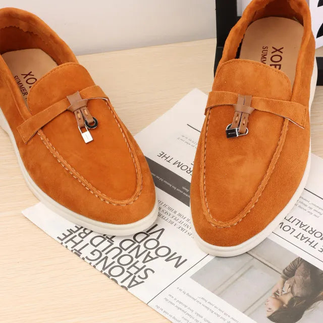 Mocassins Femininos de Camurça Sem Logo, Design de Luxo, Sapatos Casuais Confortáveis para Mulheres, Calçados Planos para o Verão