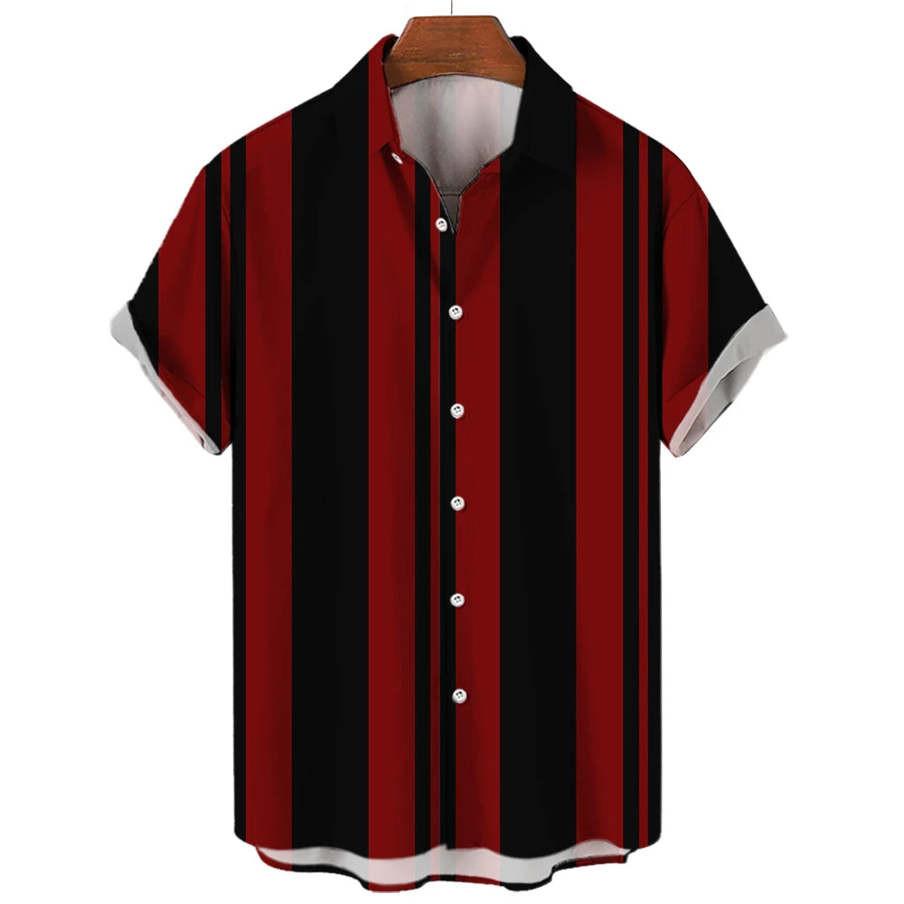Camiseta listrada de manga curta com botão havaiano masculina, blusa xadrez, roupa de praia vermelha, camisa preta e branca, roupas masculinas, verão