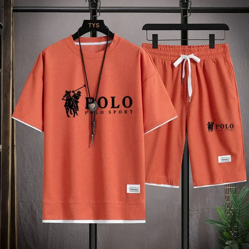 2025 camiseta masculina de manga curta + shorts esportivos de duas peças verão moda respirável fitness casual jogging conjunto.
