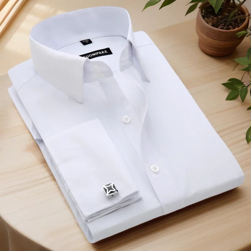 Camisa masculina com abotoaduras francesas, ajuste fino de manga comprida, manga de negócios, sem unhas, camisa formal masculina de cor sólida