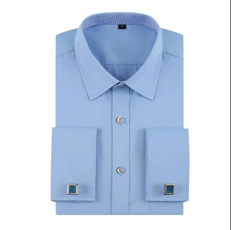 Quality French Cufflinks Shirt Men's Long Sleeve Tuxedo Male Brand Slim Fit White Button Cuff Social Men Dress Shirts