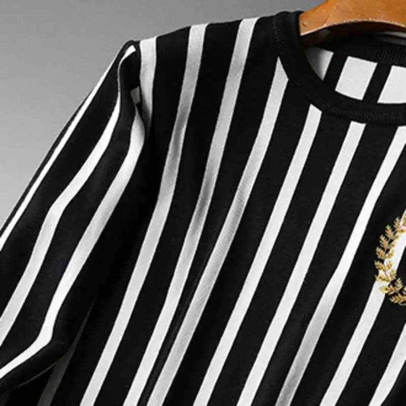 Suéter listrado de cor contrastante masculino, pulôver de manga comprida, estampa fina, camisa social, roupas de streetwear, outono