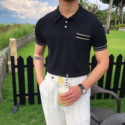 Camisa polo de manga curta de malha masculina, blusa casual de negócios, polo Slim Fit, primavera verão, camiseta listrada moda, camiseta com gola polo, malhas