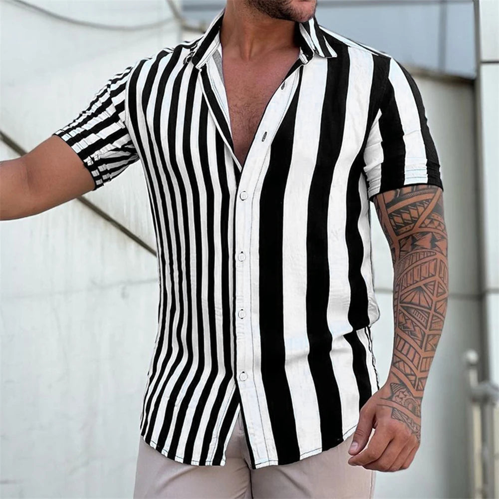 Camiseta listrada de manga curta com botão havaiano masculina, blusa xadrez, roupa de praia vermelha, camisa preta e branca, roupas masculinas, verão