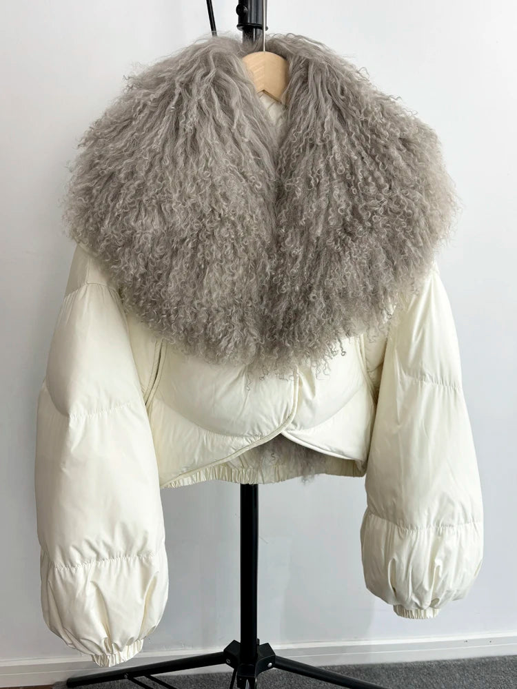 Janveny-Casaco de ovelha mongol de penas curtas para mulheres, 90% Duck Down Parkas, casaco de inverno feminino, 2024