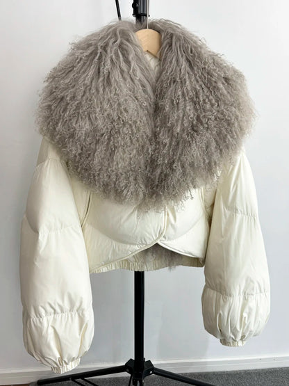 Janveny-Casaco de ovelha mongol de penas curtas para mulheres, 90% Duck Down Parkas, casaco de inverno feminino, 2024