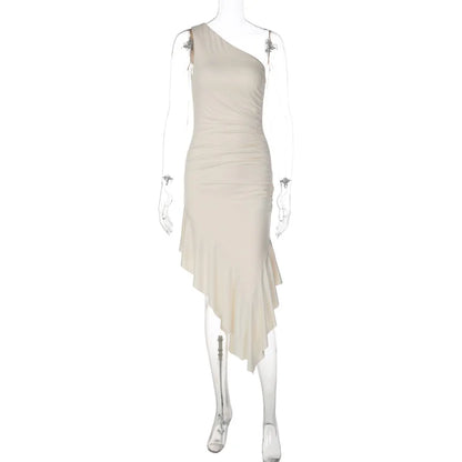 Vestido Midi Elegante Tossy de Um Ombro Só com Drapeado e Babado Assimétrico para Mulheres - Perfeito para Verão, Praia, Férias, Festas e Baladas