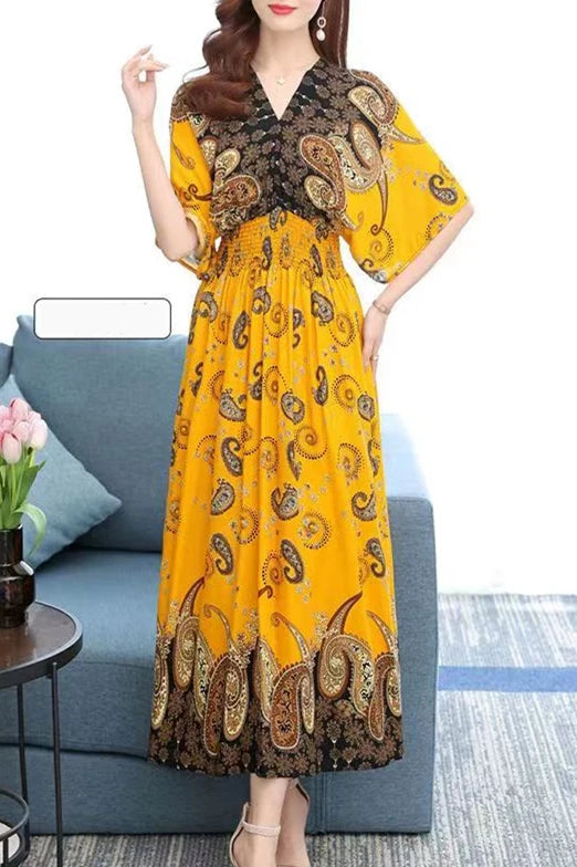 Flor colorida com decote em v elástico jovem boêmio doce midi vestido mulher roupas chique moda vestidos de verão 2025 grande balanço esqui