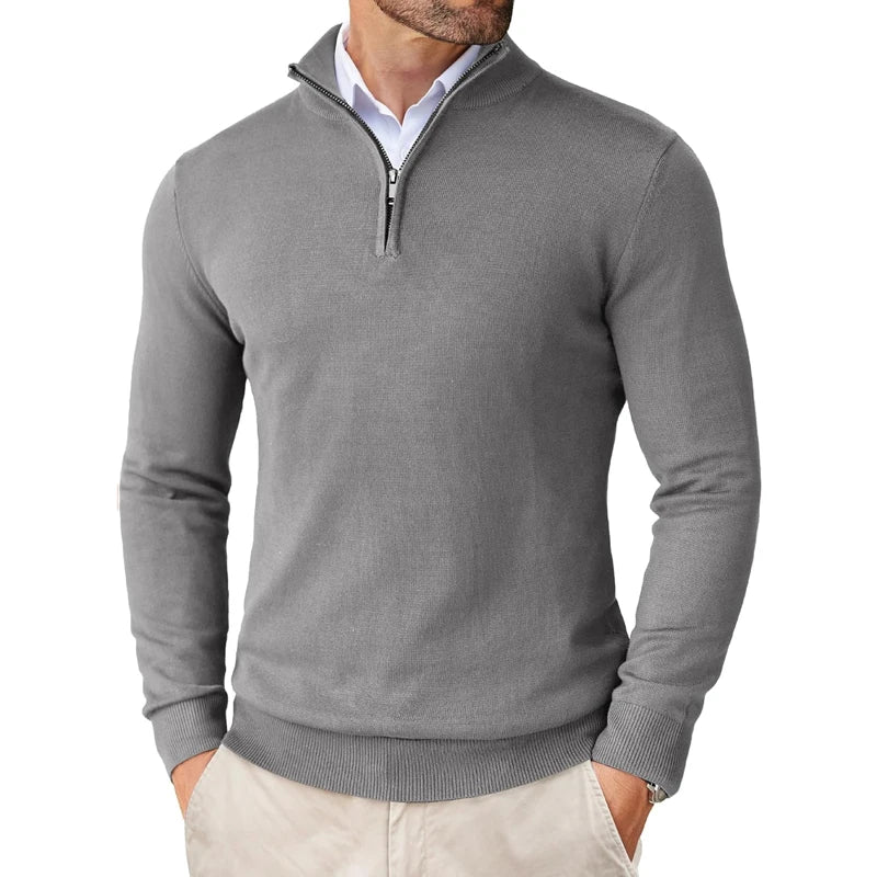 Suéter masculino com zíper de quarto, slim fit, leve, gola simulada, pulôver casual, meia gola alta, malha ao ar livre, streetwear