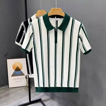 Alta qualidade verão novo masculino tricô listra manga curta camiseta masculina casual botão moda topo camisa polo
