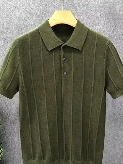 Suéter masculino de gola alta canelada - Camisa casual folgada de primavera com botões - Pulôver simples de cor única - Estilo aconchegante e moderno