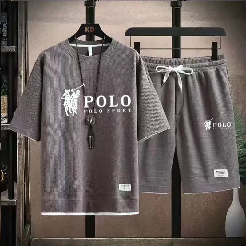 2025 camiseta masculina de manga curta + shorts esportivos de duas peças verão moda respirável fitness casual jogging conjunto.