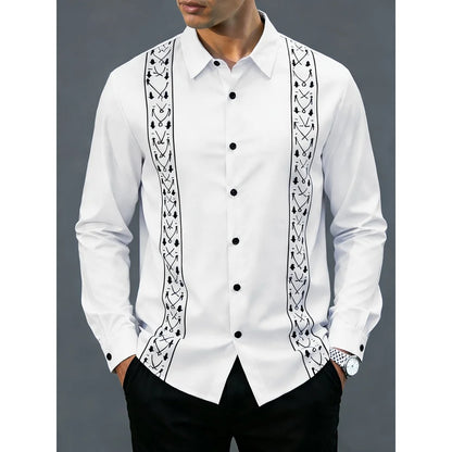 Camisas masculinas retrô com estampa geométrica 3D, manga comprida, elegantes, pretas e brancas, com blocos de cores, slim fit, casual, versátil.