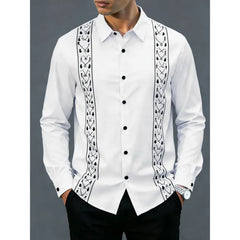 Camisas masculinas retrô com estampa geométrica 3D, manga comprida, elegantes, pretas e brancas, com blocos de cores, slim fit, casual, versátil.