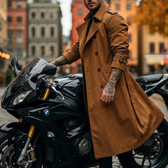 Casaco Masculino Fino de Outono, Estilo Trench Longo, com Cinto de Oferta, Extra Longo, Quebra-vento, Dragonas e Abotoamento Duplo, Vestuário Masculino Casual