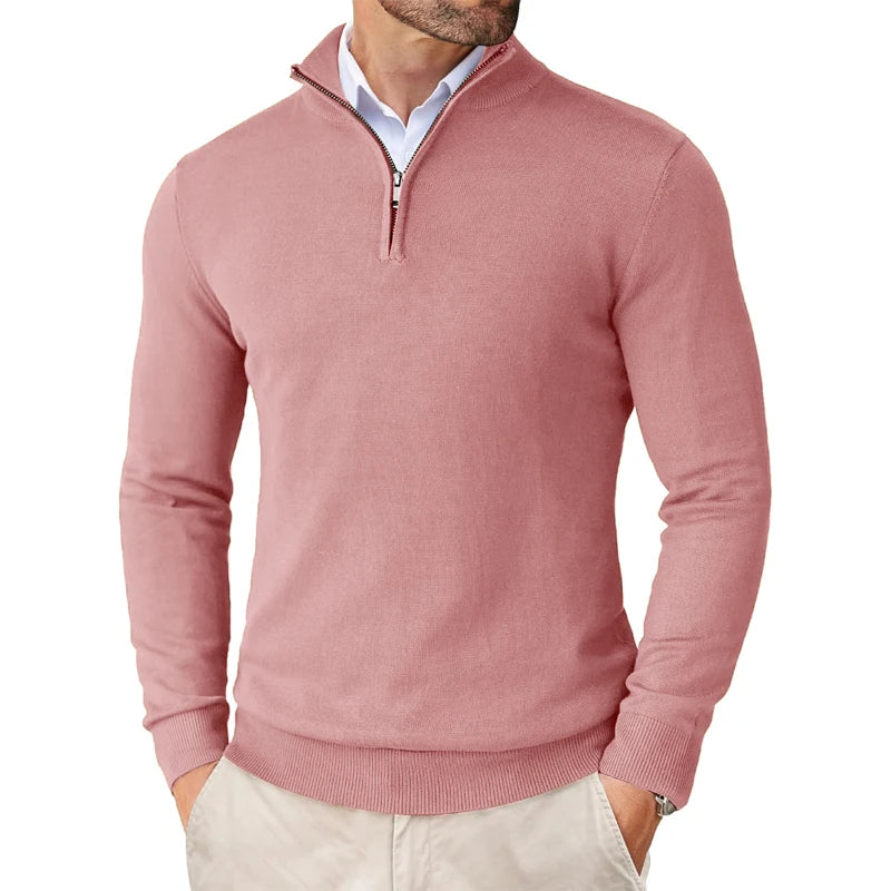 Suéter masculino com zíper de quarto, slim fit, leve, gola simulada, pulôver casual, meia gola alta, malha ao ar livre, streetwear