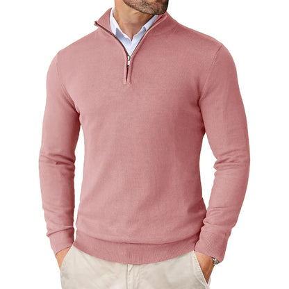 Suéter masculino com zíper de quarto, slim fit, leve, gola simulada, pulôver casual, meia gola alta, malha ao ar livre, streetwear