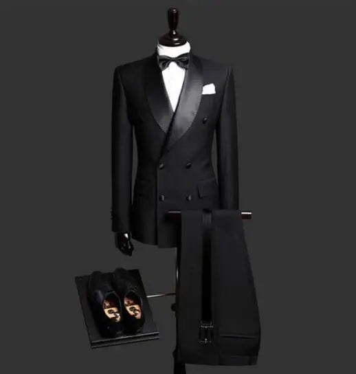 Terno Slim Fit Preto Sob Medida de 2 Peças para Homens, Blazer Transpassado, Ternos de Casamento para Homens, Smokings para Noivos (Jaqueta+Calça)