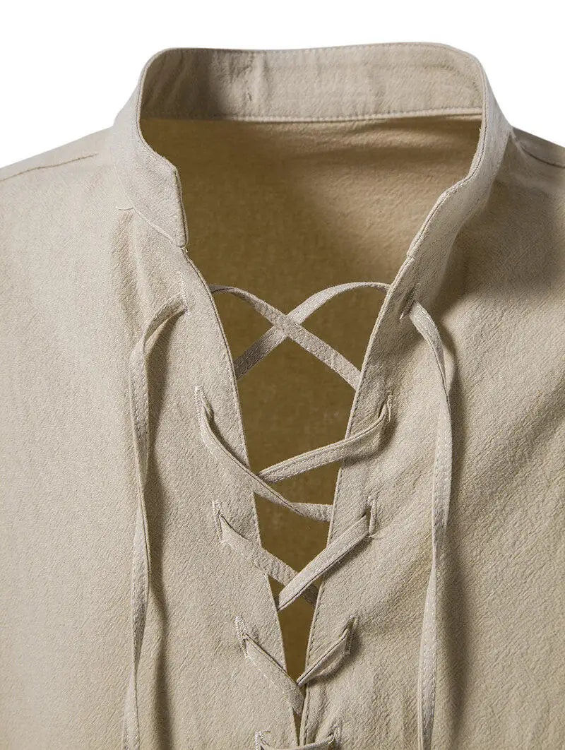 Camisa Henley Casual Masculina com Gola Alta e Mangas Longas com Cordão nos Punhos