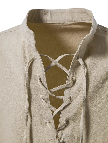 Camisa Henley Casual Masculina com Gola Alta e Mangas Longas com Cordão nos Punhos