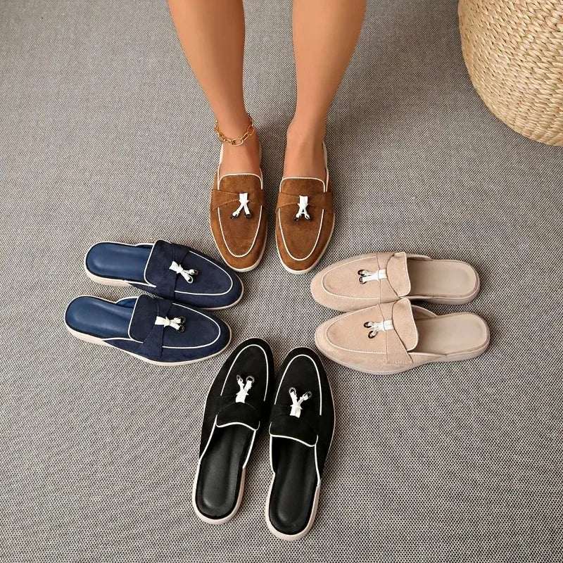 Novas Pantufas Femininas de Camurça 2026 Retrô com Bico Fechado, Sola Plana Antiderrapante e Confortáveis, Estilo Slide Aberto Atrás